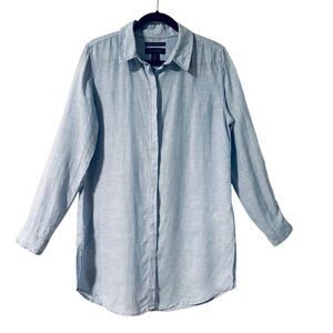 TAHARI M 100% linen tunic light blue roll tab long sleeves button front long shi